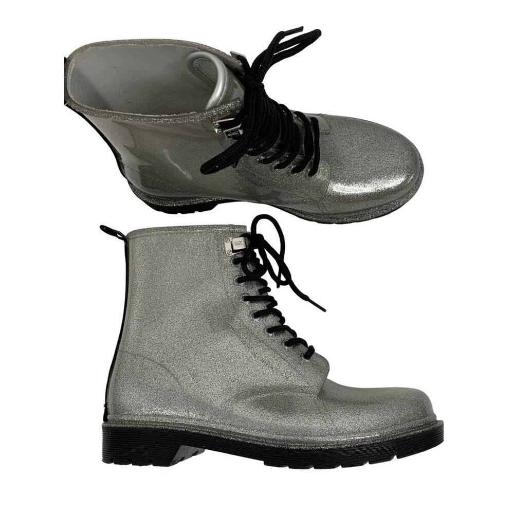 Michael Kors Womens Tavie Rain Bootie Silver Glitter Combat PVC Size 8 Y10663
